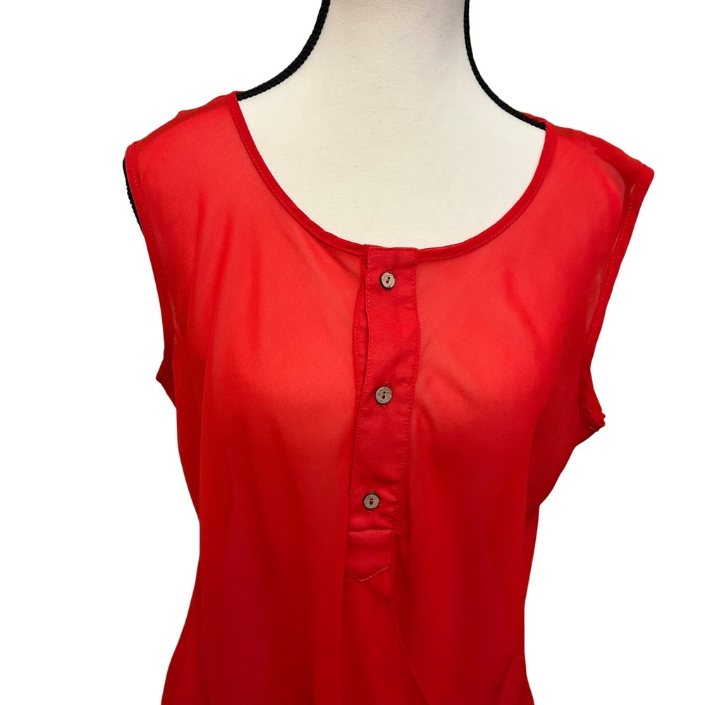 HALO Red Sleeveless Blouse Sheer Button Detail Women's Top Medium - Picture 3 of 8